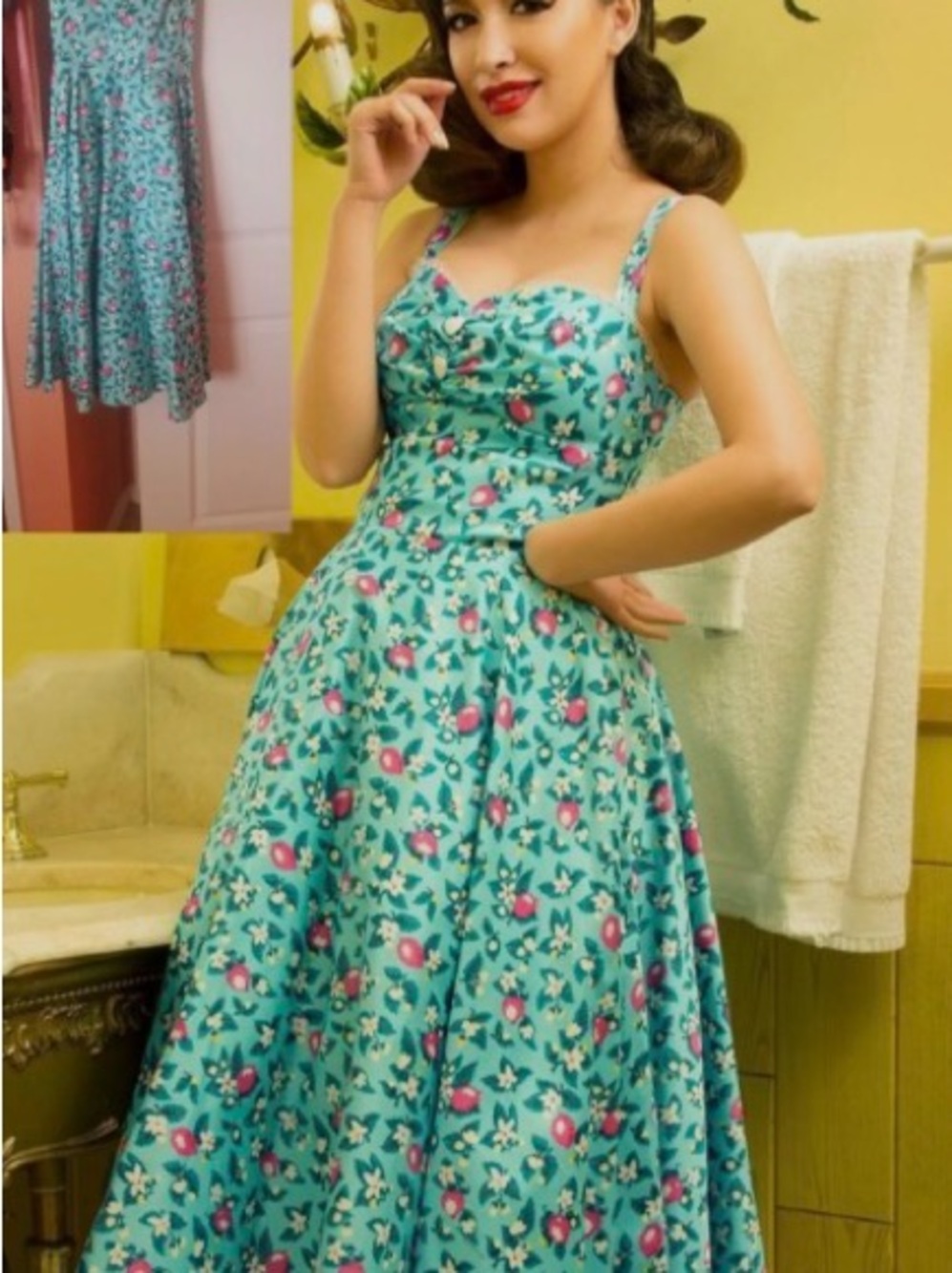 EUC Pinup Couture Turquoise Pink Lemonade Sweetheart Fit-and-Flare Midi Dress
